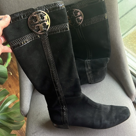 Tory Burch suede black knee high riding boots with snakeskin, good condition! - Picture 3 of 11